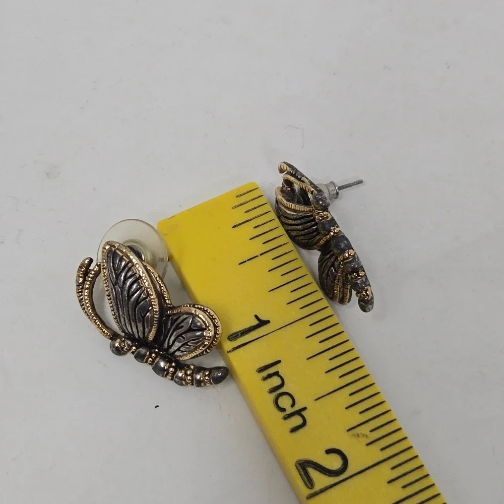Vintage Two Tone Butterfly Stud Earrings Silver Gold Tone Insect Whimsical MJ XX